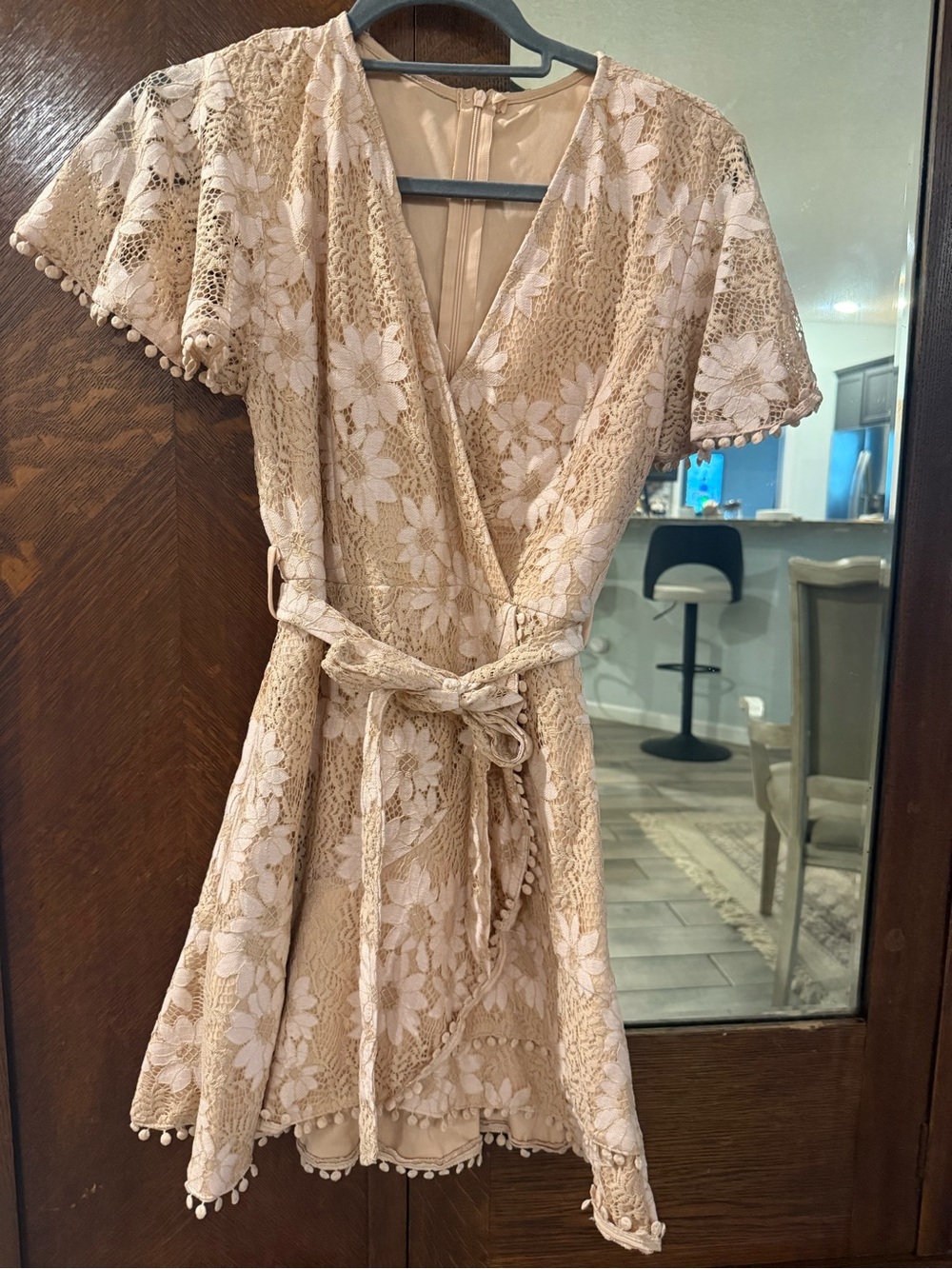 Beige Lace Floral Wrap Dress with Pom Trim